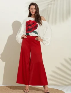 Satin Printed Puff Sleeve Cold Shoulder Culottes Set Women Two Piece Sets