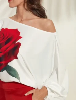 Satin Printed Puff Sleeve Cold Shoulder Culottes Set Women Two Piece Sets