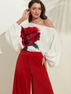 Satin Printed Puff Sleeve Cold Shoulder Culottes Set Women Two Piece Sets
