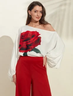 Satin Printed Puff Sleeve Cold Shoulder Culottes Set Women Two Piece Sets