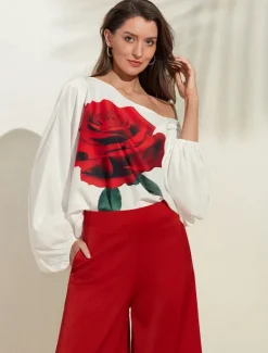 Satin Printed Puff Sleeve Cold Shoulder Culottes Set Women Two Piece Sets