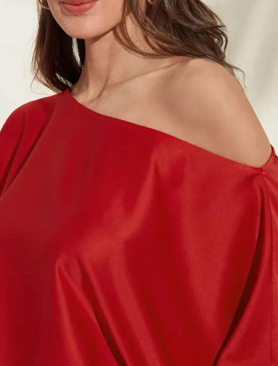 Outlet Satin Solid Puff Sleeve Cold Shoulder Culottes Suit Women Two Piece Sets