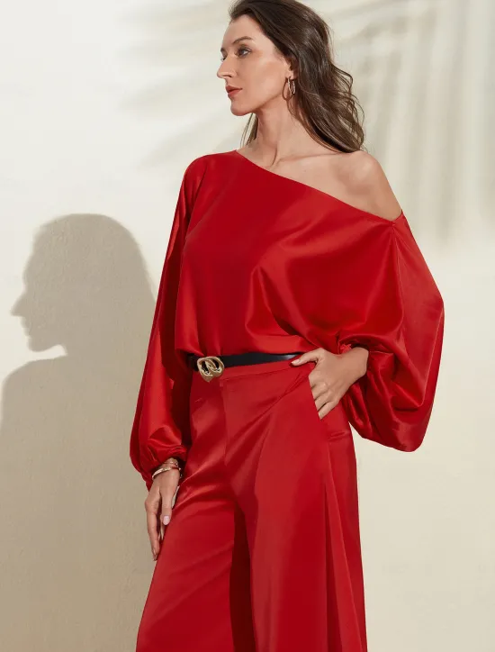 Outlet Satin Solid Puff Sleeve Cold Shoulder Culottes Suit Women Two Piece Sets