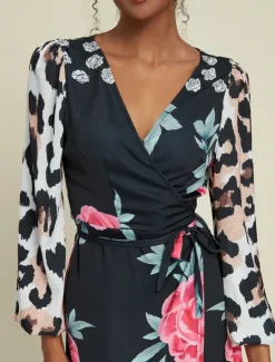 Discount Satin Wedding Guest Floral Leopard Print Long Sleeve V Neck Maxi Dress Women Cocktail Dress