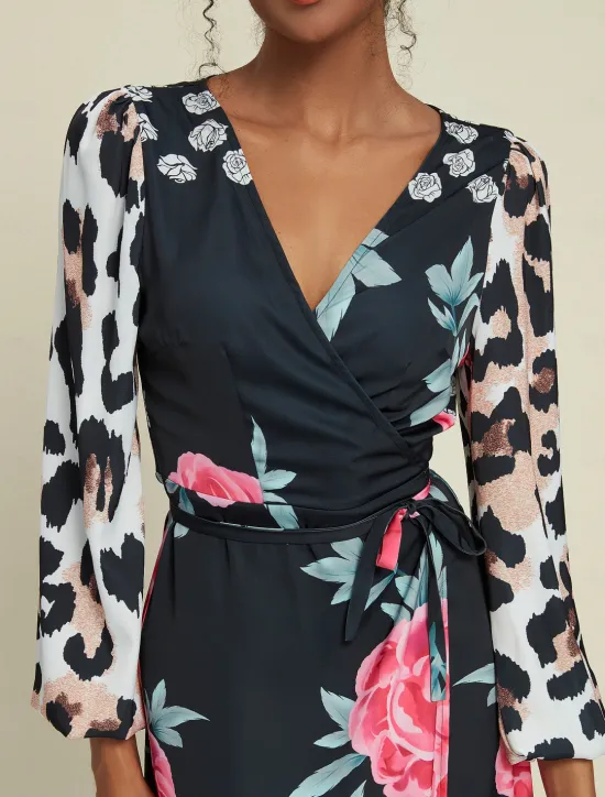 Discount Satin Wedding Guest Floral Leopard Print Long Sleeve V Neck Maxi Dress Women Cocktail Dress