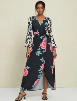 Discount Satin Wedding Guest Floral Leopard Print Long Sleeve V Neck Maxi Dress Women Cocktail Dress