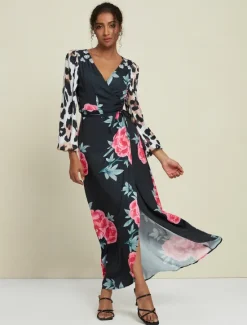 Discount Satin Wedding Guest Floral Leopard Print Long Sleeve V Neck Maxi Dress Women Cocktail Dress