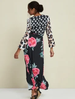 Discount Satin Wedding Guest Floral Leopard Print Long Sleeve V Neck Maxi Dress Women Cocktail Dress