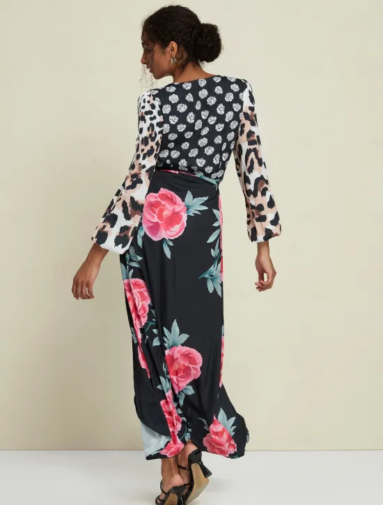 Discount Satin Wedding Guest Floral Leopard Print Long Sleeve V Neck Maxi Dress Women Cocktail Dress