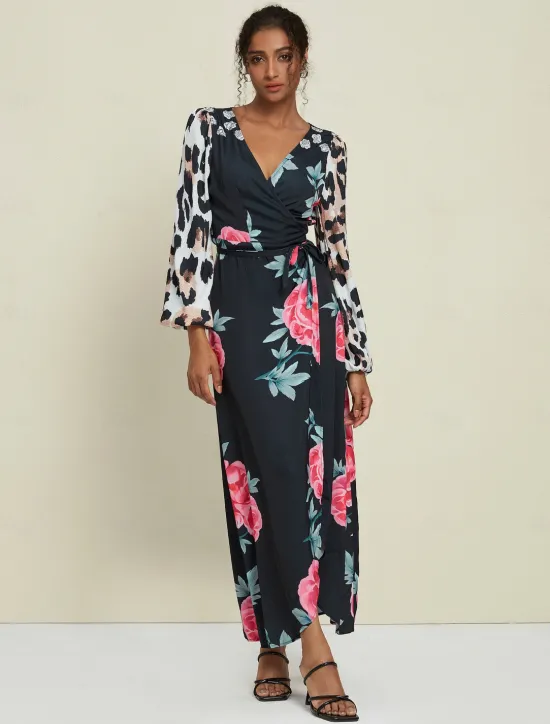 Discount Satin Wedding Guest Floral Leopard Print Long Sleeve V Neck Maxi Dress Women Cocktail Dress
