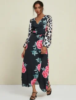 Discount Satin Wedding Guest Floral Leopard Print Long Sleeve V Neck Maxi Dress Women Cocktail Dress