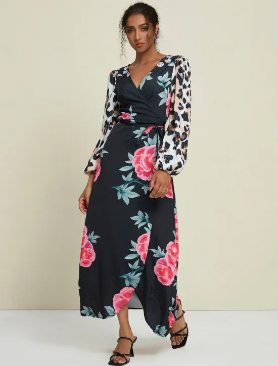 Discount Satin Wedding Guest Floral Leopard Print Long Sleeve V Neck Maxi Dress Women Cocktail Dress