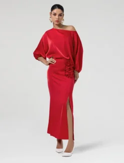 Discount Satin Wedding Guest Floral Slash Neck Juliet Sleeve Wide Leg Two Piece Set Women Two Piece Sets