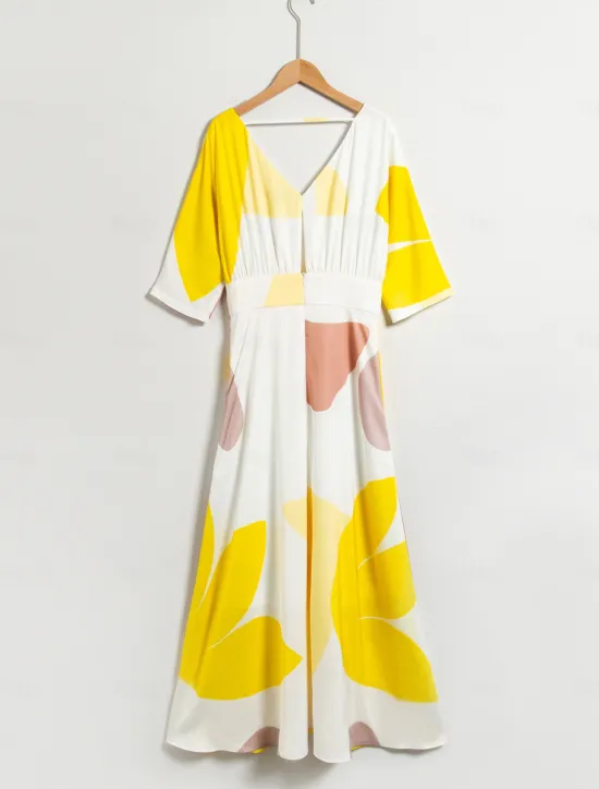 Satin Wedding Guest Pocket Floral V Neck Maxi Dress Women Vacation Dresses