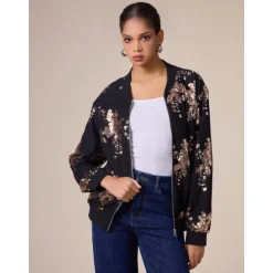 Hot Sequin Crew Neck Bomber Jacket Women Jackets
