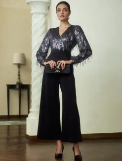 New Sequin Fringe Wide Leg Jumpsuit Women Jumpsuits