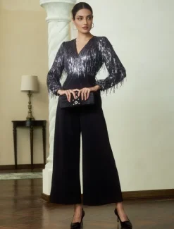 New Sequin Fringe Wide Leg Jumpsuit Women Jumpsuits