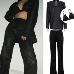 Hot Set with Shiny Metallic Blazer Bra Straight Leg Pants 3 PCS Disco 1980s Party Outfits Suits & Blazers Underwear Suit Trousers Women's Carnival Party Club Wear Women Blazers & Suits