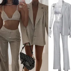 Hot Set with Shiny Metallic Blazer Bra Straight Leg Pants 3 PCS Disco 1980s Party Outfits Suits & Blazers Underwear Suit Trousers Women's Carnival Party Club Wear Women Blazers & Suits