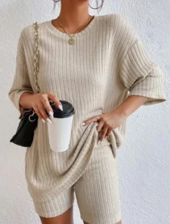 New Set Women's Red Green Beige Plain 2 Piece Street Daily Fashion Round Neck Regular Fit S Women Pajama-Setter