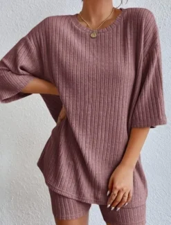 New Set Women's Red Green Beige Plain 2 Piece Street Daily Fashion Round Neck Regular Fit S Women Pajama-Setter