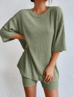 New Set Women's Red Green Beige Plain 2 Piece Street Daily Fashion Round Neck Regular Fit S Women Pajama-Setter