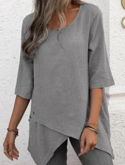 Online Shirt Blouse Cotton Linen Shirts Women's Blue Green Gray Plain Asymetric Hem Street Daily Fashion Round Neck Regular Fit S Women Shirts