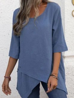 Online Shirt Blouse Cotton Linen Shirts Women's Blue Green Gray Plain Asymetric Hem Street Daily Fashion Round Neck Regular Fit S Women Shirts