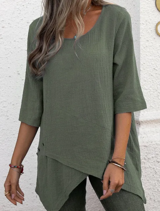 Online Shirt Blouse Cotton Linen Shirts Women's Blue Green Gray Plain Asymetric Hem Street Daily Fashion Round Neck Regular Fit S Women Shirts