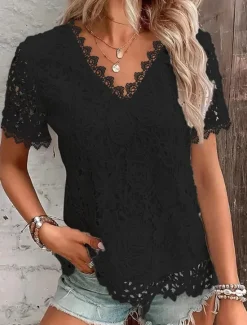 Shirt Blouse Dressy Tops Women's Black White Pink Plain Lace Street Daily Fashion Round Neck Regular Fit S Women Lace Tops