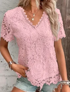 Shirt Blouse Dressy Tops Women's Black White Pink Plain Lace Street Daily Fashion Round Neck Regular Fit S Women Lace Tops