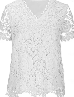 Shirt Blouse Dressy Tops Women's Black White Pink Plain Lace Street Daily Fashion Round Neck Regular Fit S Women Lace Tops