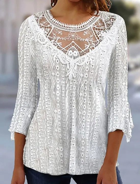Outlet Shirt Blouse Dressy Tops Women's Black White Pink Plain Lace Street Daily Fashion Round Neck Regular Fit S Women Lace Tops