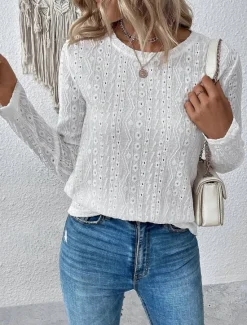 New Shirt Blouse Eyelet top Women's Pink Purple Solid Color Cut Out Street Daily Fashion Round Neck S Women Lace Tops