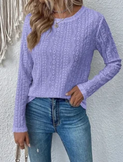 New Shirt Blouse Eyelet top Women's Pink Purple Solid Color Cut Out Street Daily Fashion Round Neck S Women Lace Tops