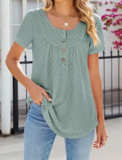 Discount Shirt Blouse Eyelet top Women's White Pink Wine Solid Color Button Street Daily Fashion Round Neck S Women Blouses & Shirts