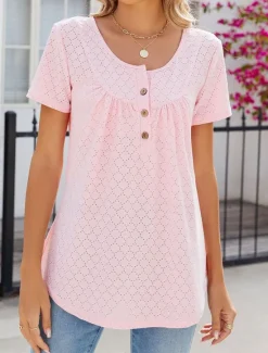 Discount Shirt Blouse Eyelet top Women's White Pink Wine Solid Color Button Street Daily Fashion Round Neck S Women Blouses & Shirts