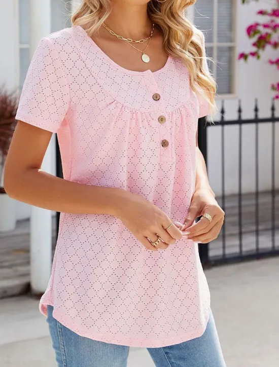 Discount Shirt Blouse Eyelet top Women's White Pink Wine Solid Color Button Street Daily Fashion Round Neck S Women Blouses & Shirts