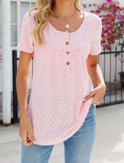 Discount Shirt Blouse Eyelet top Women's White Pink Wine Solid Color Button Street Daily Fashion Round Neck S Women Blouses & Shirts