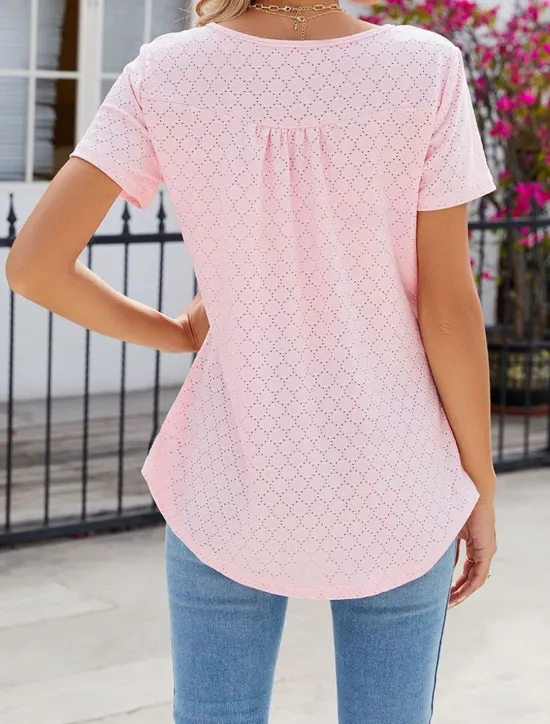 Discount Shirt Blouse Eyelet top Women's White Pink Wine Solid Color Button Street Daily Fashion Round Neck S Women Blouses & Shirts