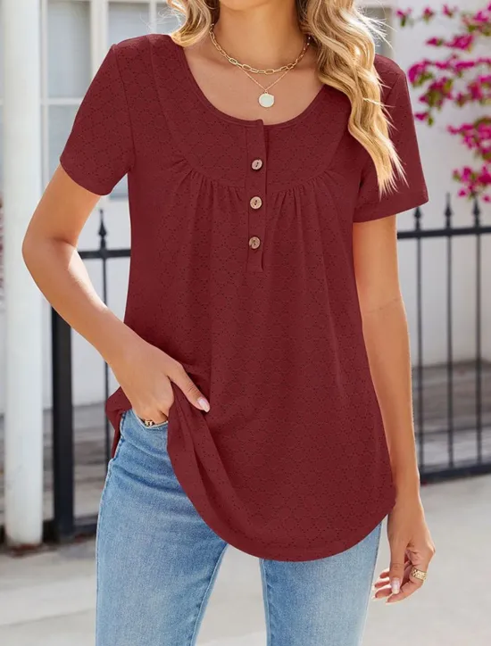 Discount Shirt Blouse Eyelet top Women's White Pink Wine Solid Color Button Street Daily Fashion Round Neck S Women Blouses & Shirts