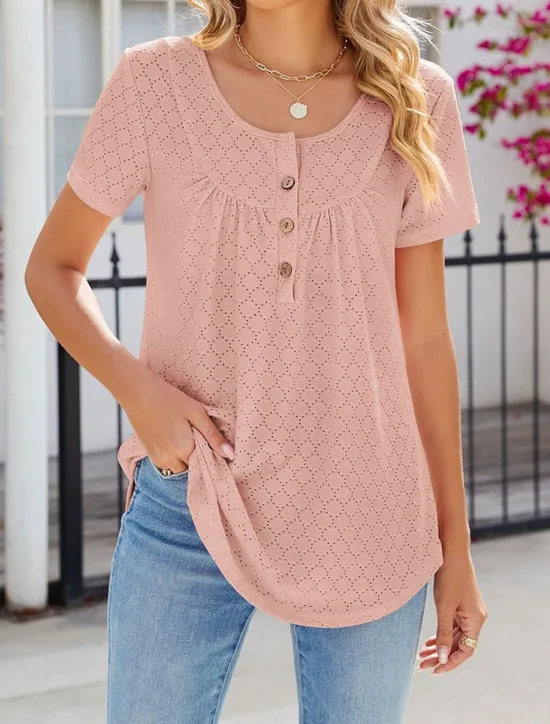 Discount Shirt Blouse Eyelet top Women's White Pink Wine Solid Color Button Street Daily Fashion Round Neck S Women Blouses & Shirts