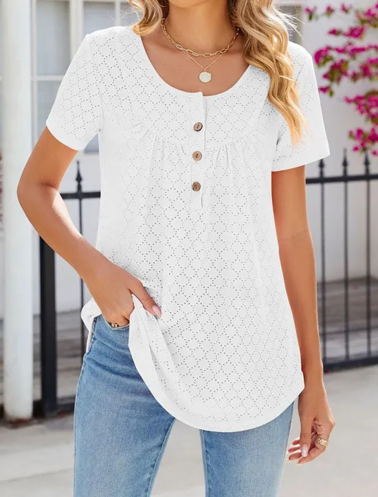Discount Shirt Blouse Eyelet top Women's White Pink Wine Solid Color Button Street Daily Fashion Round Neck S Women Blouses & Shirts