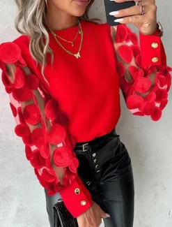 Outlet Shirt Blouse Women's 6 black Black Red Solid Color Mesh Street Daily Fashion Round Neck S Women Blouses & Shirts