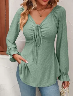 Sale Shirt Blouse Women's Black White Pink Solid / Plain Color Lace up Valentine's Day Daily Fashion V Neck Regular Fit S Women Tunic Tops