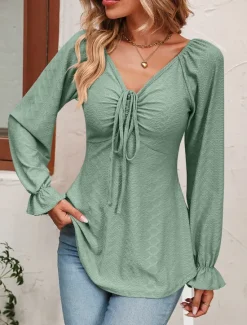 Sale Shirt Blouse Women's Black White Pink Solid / Plain Color Lace up Valentine's Day Daily Fashion V Neck Regular Fit S Women Tunic Tops