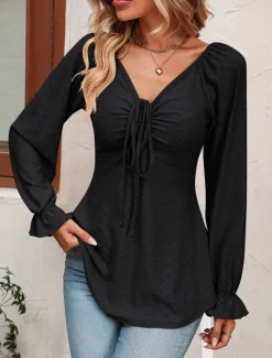 Sale Shirt Blouse Women's Black White Pink Solid / Plain Color Lace up Valentine's Day Daily Fashion V Neck Regular Fit S Women Tunic Tops