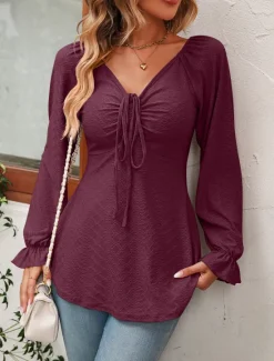 Sale Shirt Blouse Women's Black White Pink Solid / Plain Color Lace up Valentine's Day Daily Fashion V Neck Regular Fit S Women Tunic Tops