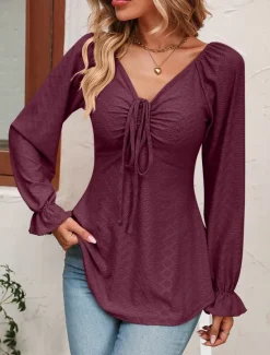 Sale Shirt Blouse Women's Black White Pink Solid / Plain Color Lace up Valentine's Day Daily Fashion V Neck Regular Fit S Women Tunic Tops