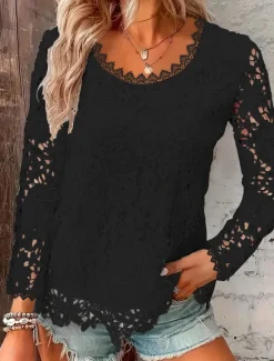 Online Shirt Blouse Women's Black White Pink Plain Lace Street Daily Fashion Round Neck Regular Fit S Women Lace Tops